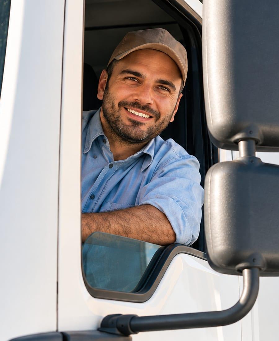 Chofer de camión sonriendo al volante de un tractocamión blanco