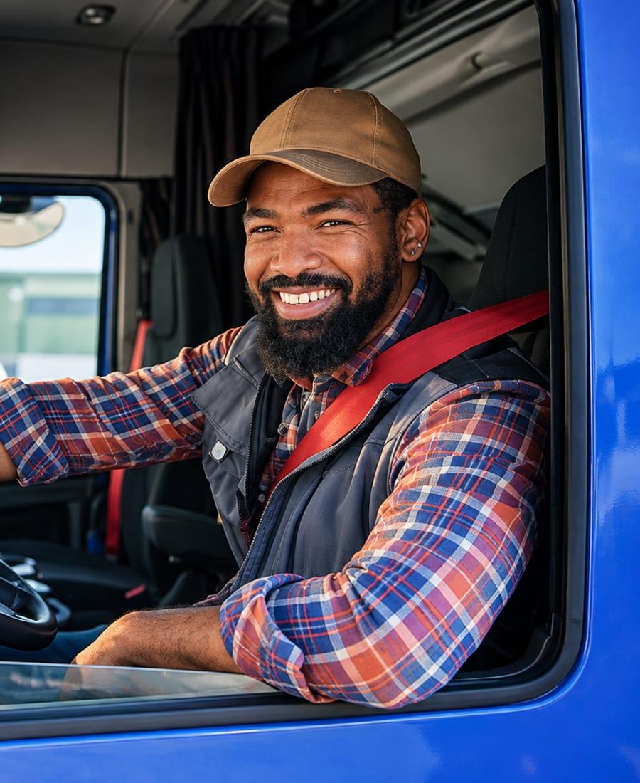 Chofer de camión con camisa a cuadros sonriendo en la cabina de un camión azul